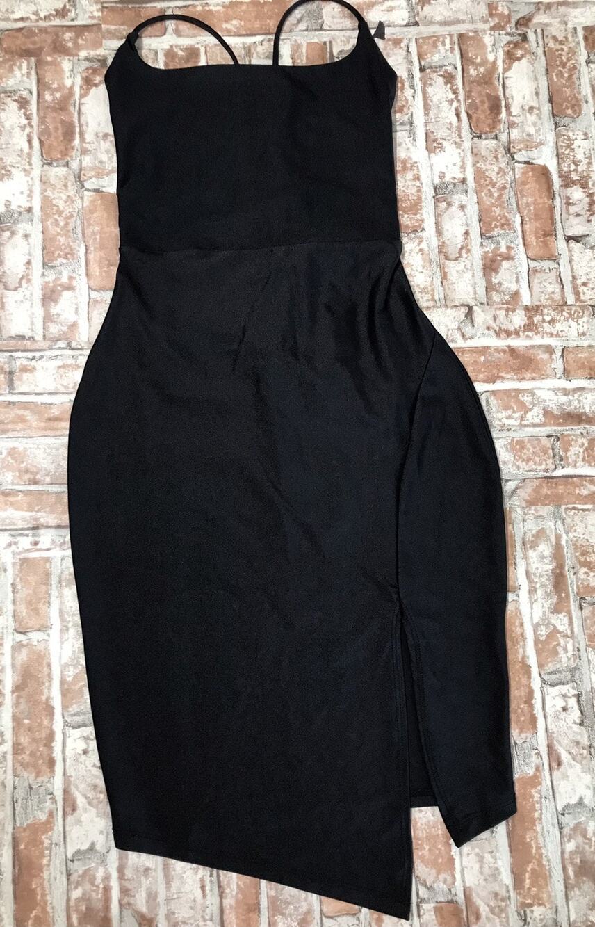 Windsor Dress Medium Black Satin Sexy Strappy Open Back Shiny Cocktail Party $55